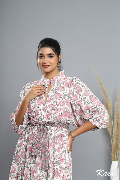 flamingo gray floral hand block printed long maxi dress - frill collar cotton dress
