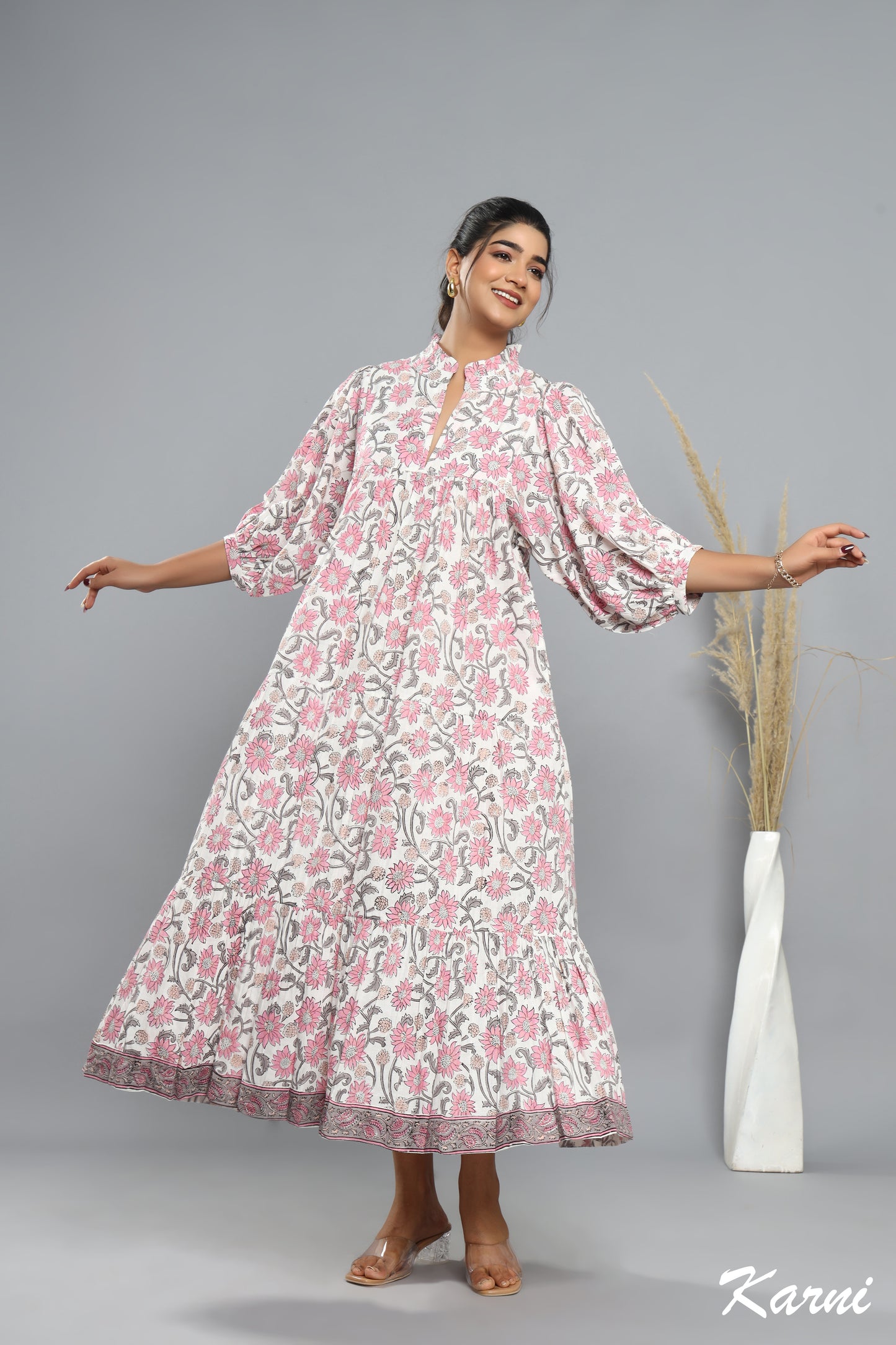 flamingo gray floral hand block printed long maxi dress - frill collar cotton dress