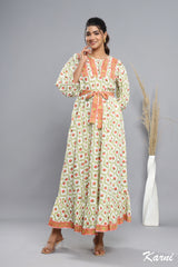 cotton mango tango olive hand block printed floral long maxi dress - 3/4 sleeve bohemian dress