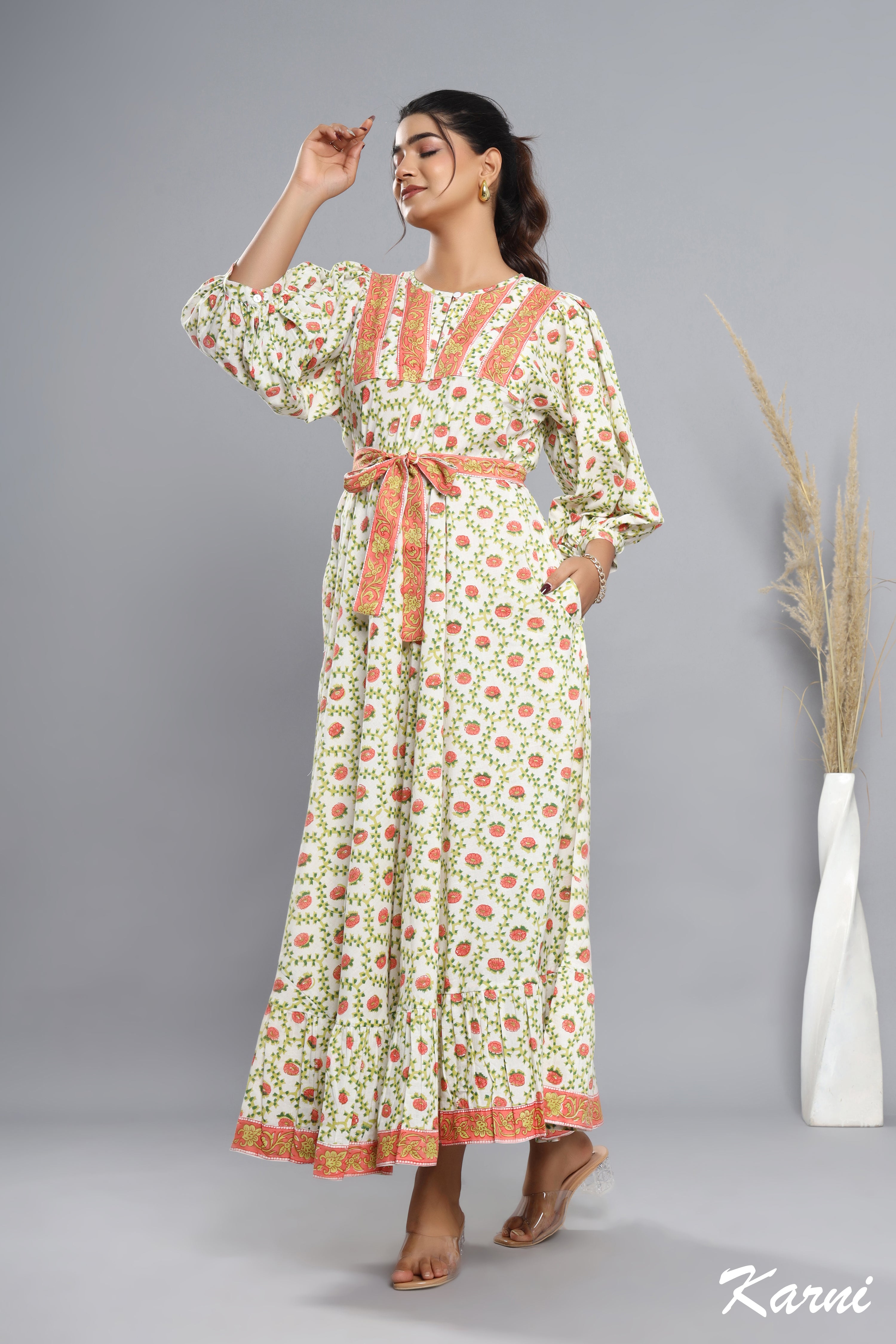 cotton mango tango olive hand block printed floral long maxi dress - 3/4 sleeve bohemian dress