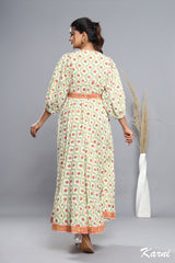 cotton mango tango olive hand block printed floral long maxi dress - 3/4 sleeve bohemian dress