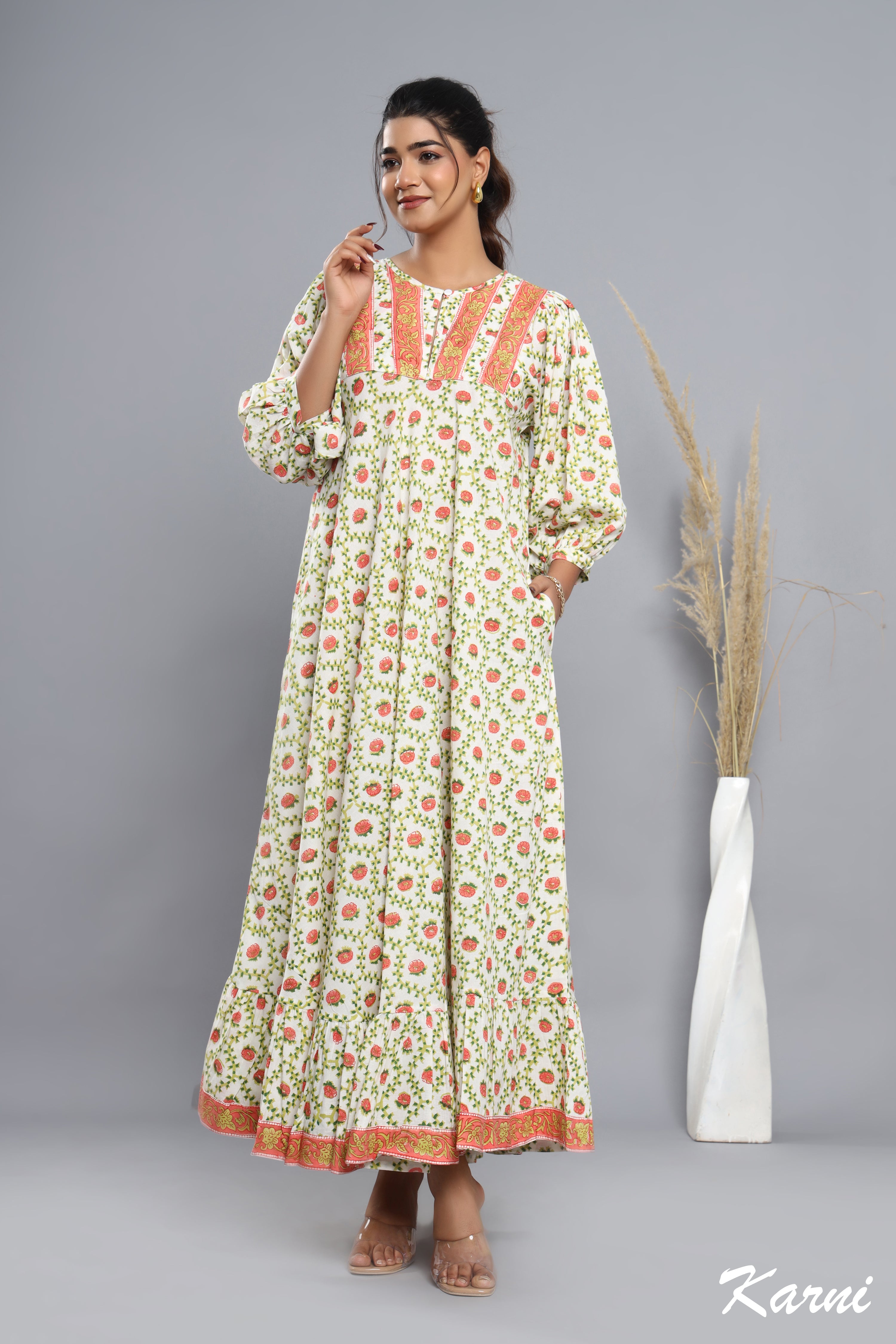 cotton mango tango olive hand block printed floral long maxi dress - 3/4 sleeve bohemian dress