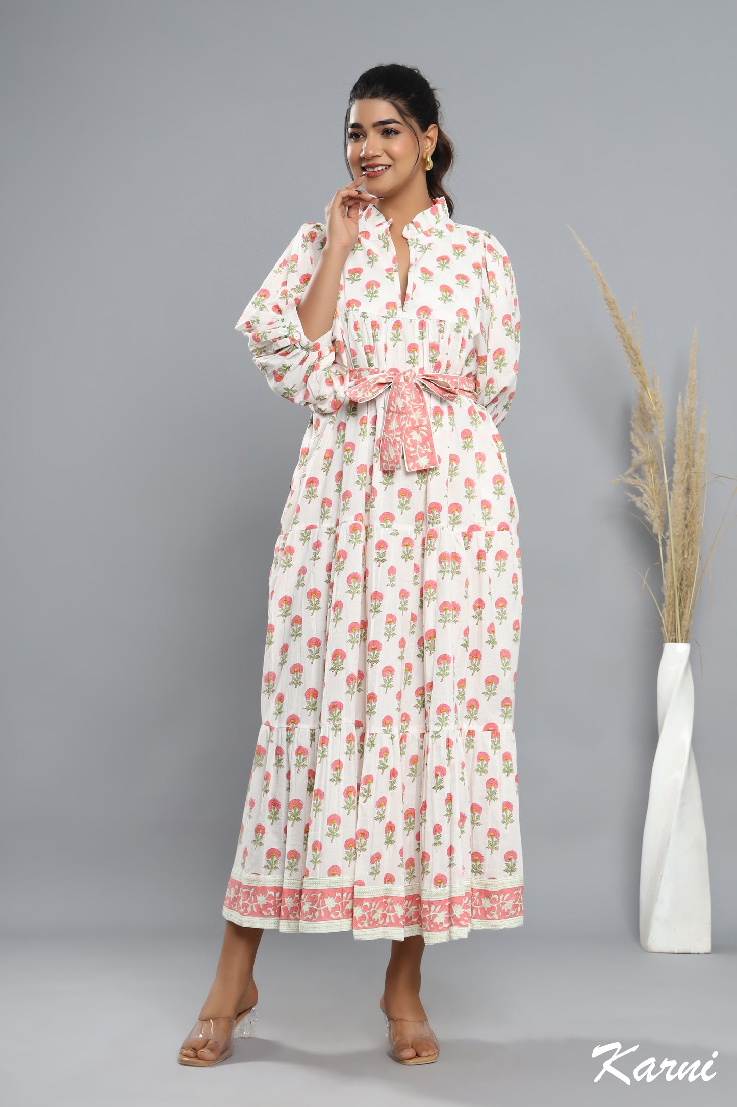 cotton red-green floral block printed women's maxi dress -frill collar with belt winter long dress