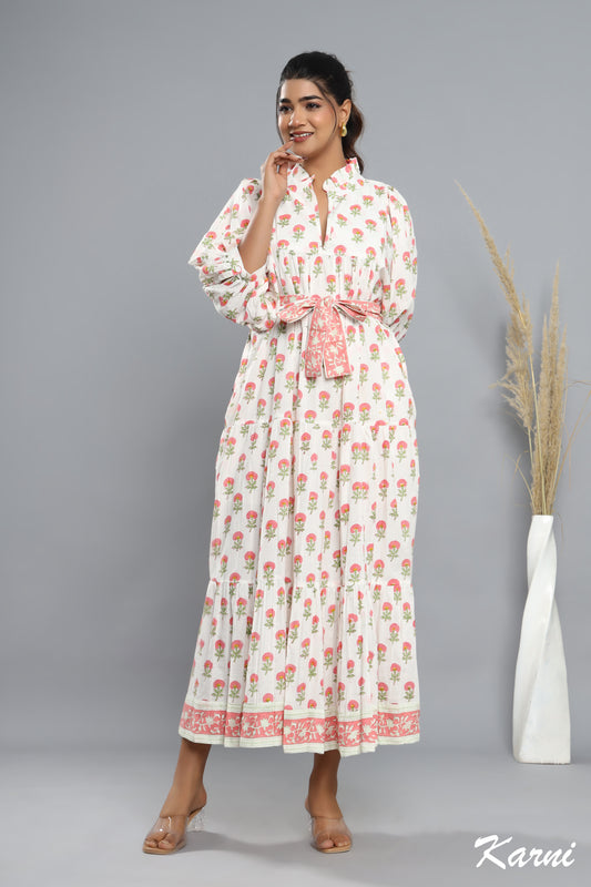 cotton red-green floral block printed women's maxi dress -frill collar with belt winter long dress