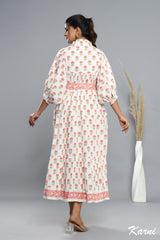 cotton red-green floral block printed women's maxi dress -frill collar with belt winter long dress