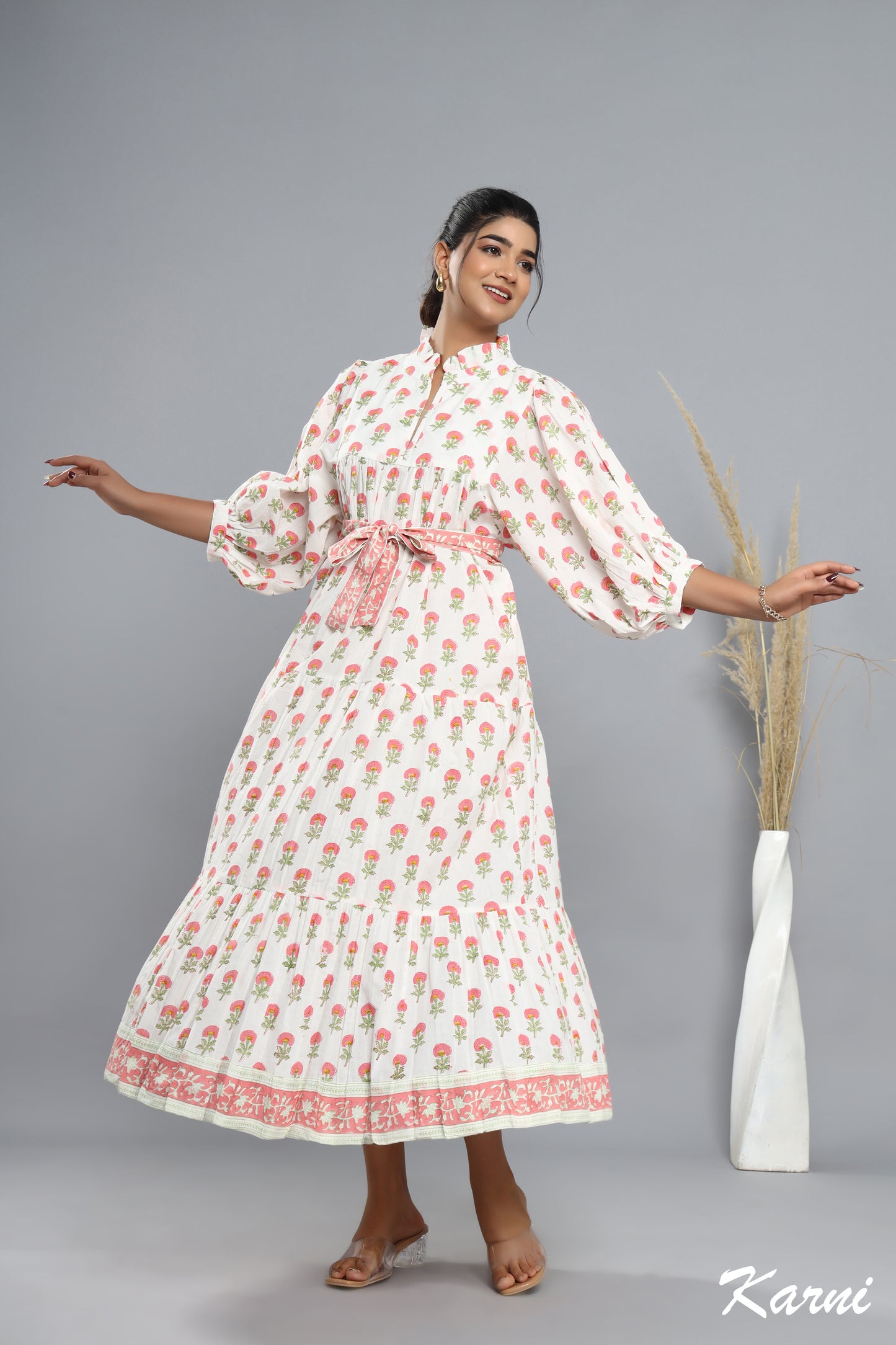 cotton red-green floral block printed women's maxi dress -frill collar with belt winter long dress