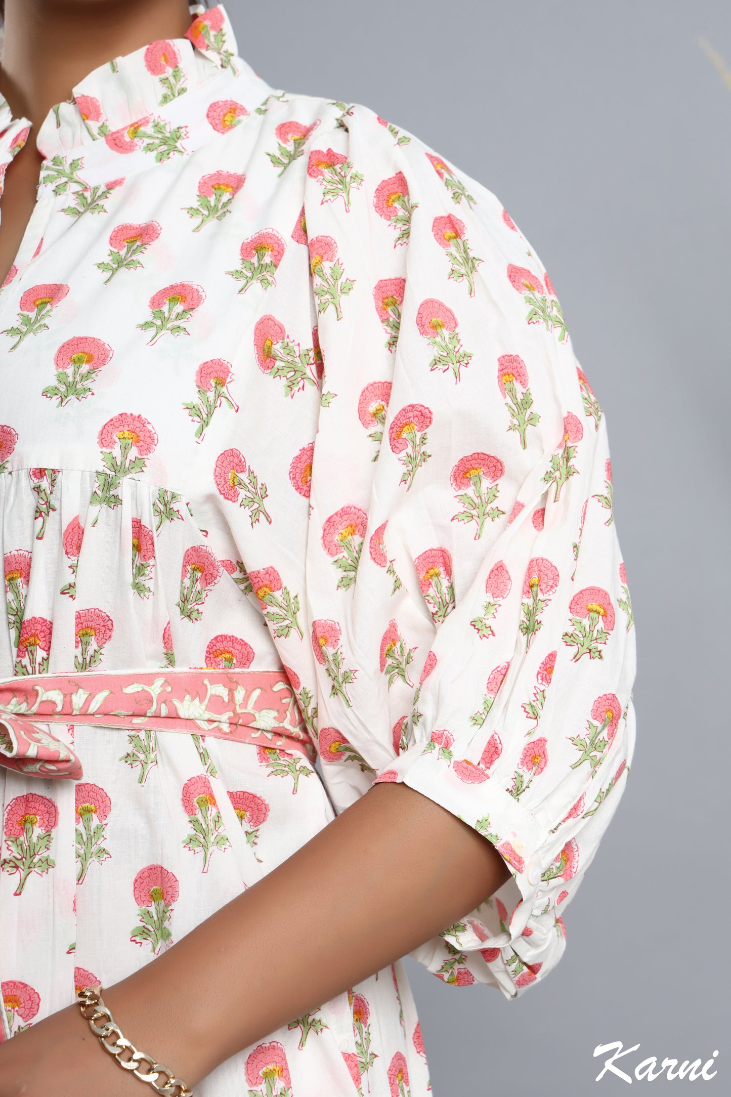 cotton red-green floral block printed women's maxi dress -frill collar with belt winter long dress