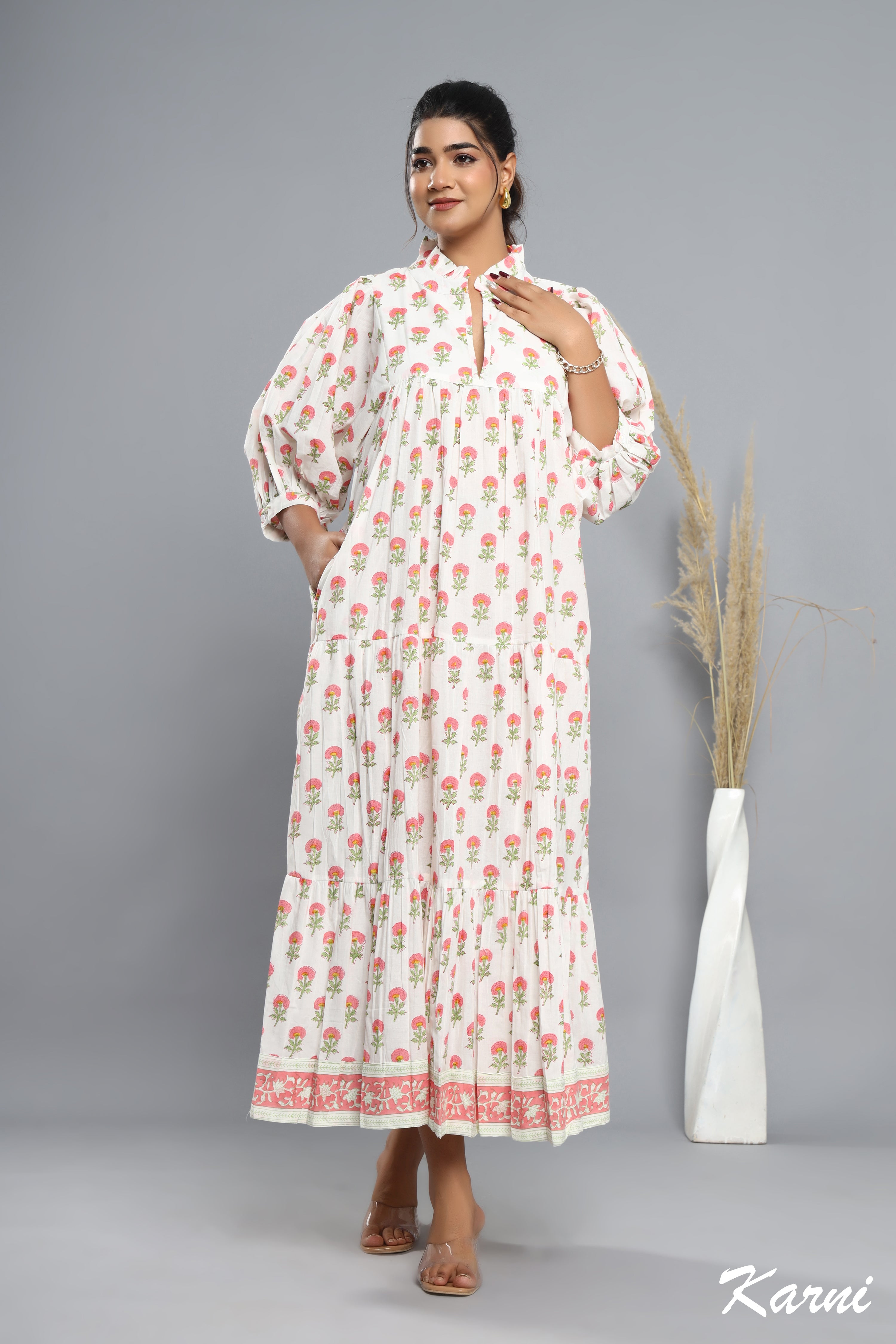 cotton red-green floral block printed women's maxi dress -frill collar with belt winter long dress