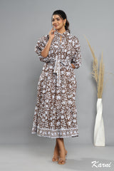 cotton brown floral block printed women's maxi dress -frill collar long dress - boho maxi dress with belt