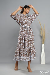 cotton brown floral block printed women's maxi dress -frill collar long dress - boho maxi dress with belt