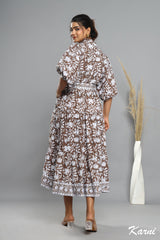 cotton brown floral block printed women's maxi dress -frill collar long dress - boho maxi dress with belt