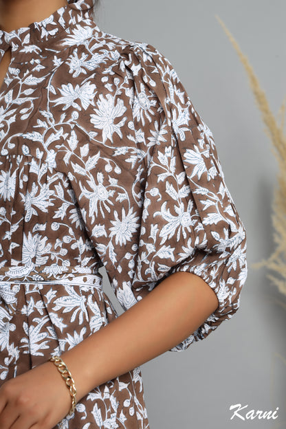 cotton brown floral block printed women's maxi dress -frill collar long dress - boho maxi dress with belt