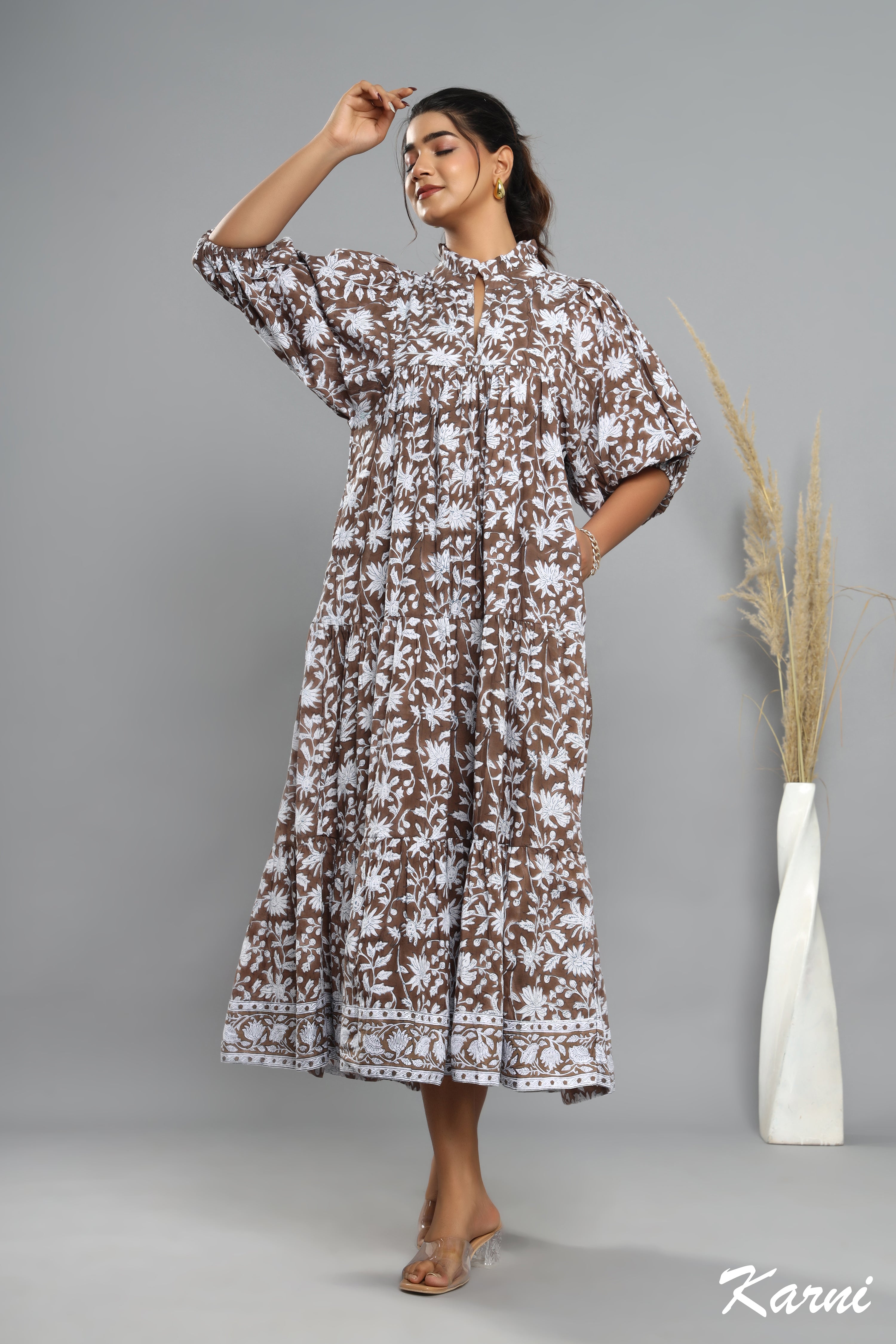 cotton brown floral block printed women's maxi dress -frill collar long dress - boho maxi dress with belt