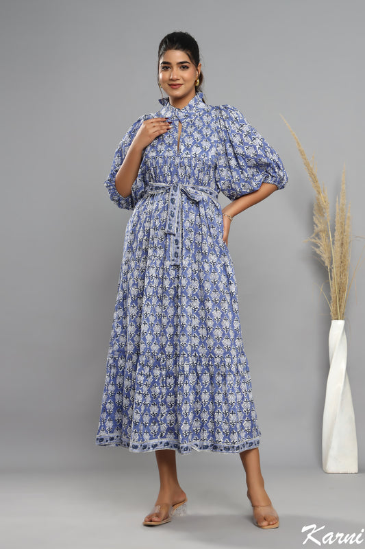 indian blue floral block printed women's maxi dress - frill collar cotton long dress - dress with belt