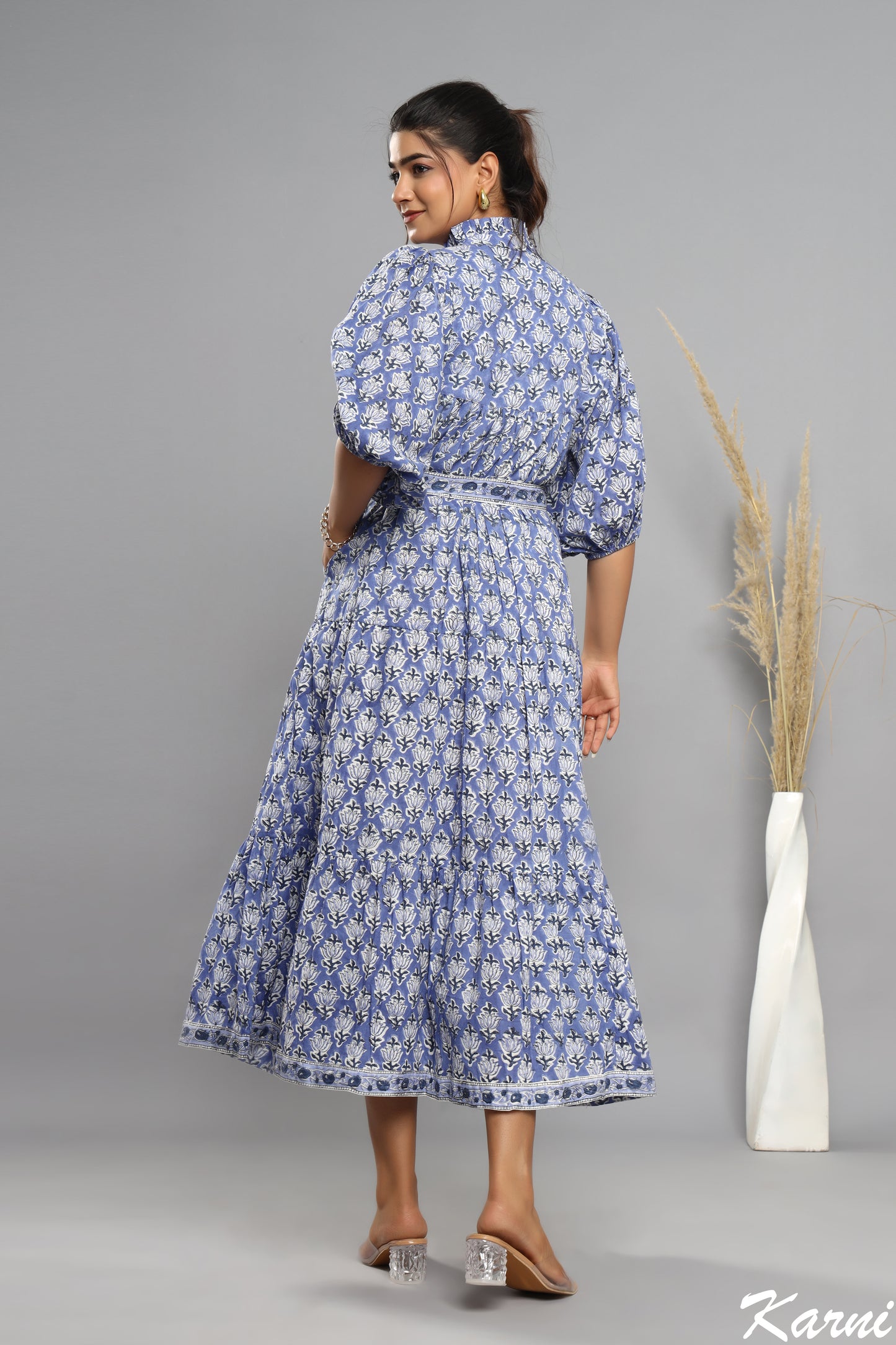 indian blue floral block printed women's maxi dress - frill collar cotton long dress - dress with belt