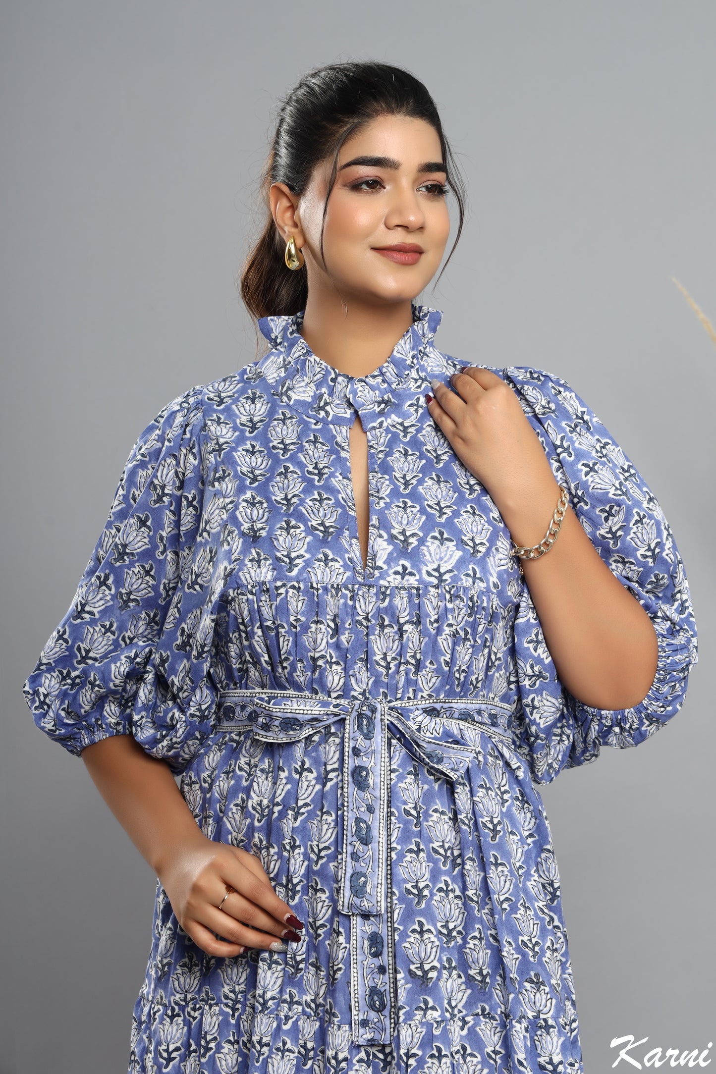 indian blue floral block printed women's maxi dress - frill collar cotton long dress - dress with belt