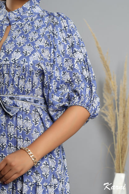 indian blue floral block printed women's maxi dress - frill collar cotton long dress - dress with belt