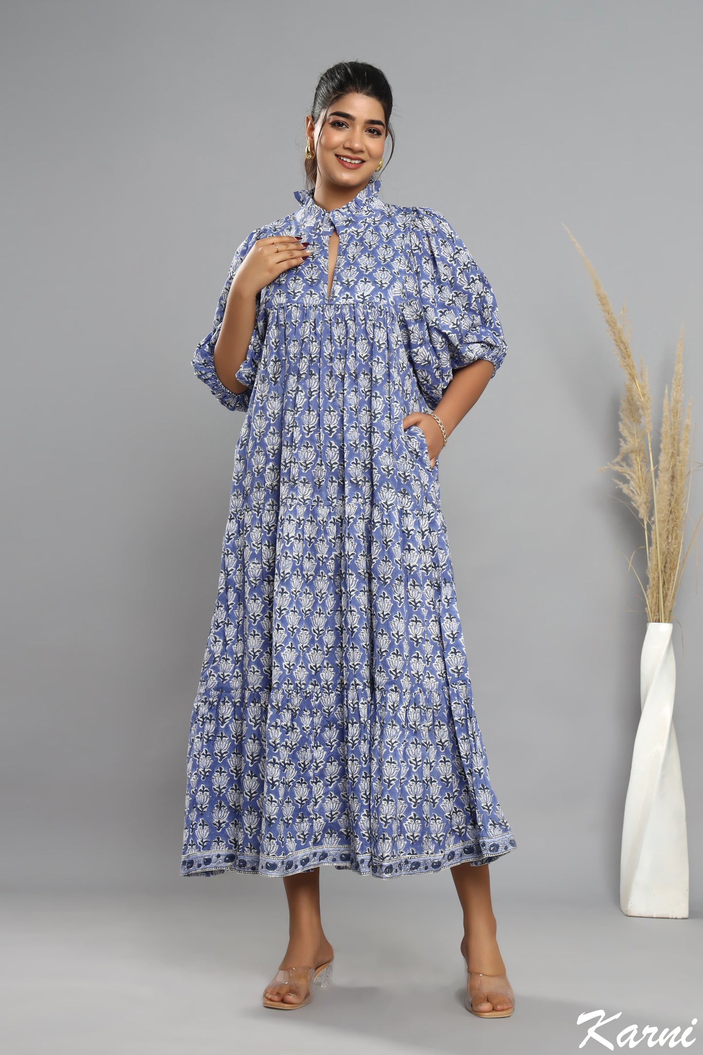 indian blue floral block printed women's maxi dress - frill collar cotton long dress - dress with belt