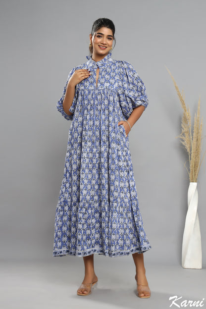 indian blue floral block printed women's maxi dress - frill collar cotton long dress - dress with belt