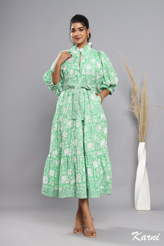 green floral hand block printed women's maxi dress - frill collar with belt dress - 3-4th sleeves boho dress