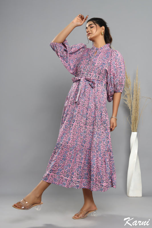 purple-blue floral plant printed women's maxi dress - frill collar with belt cotton long dress