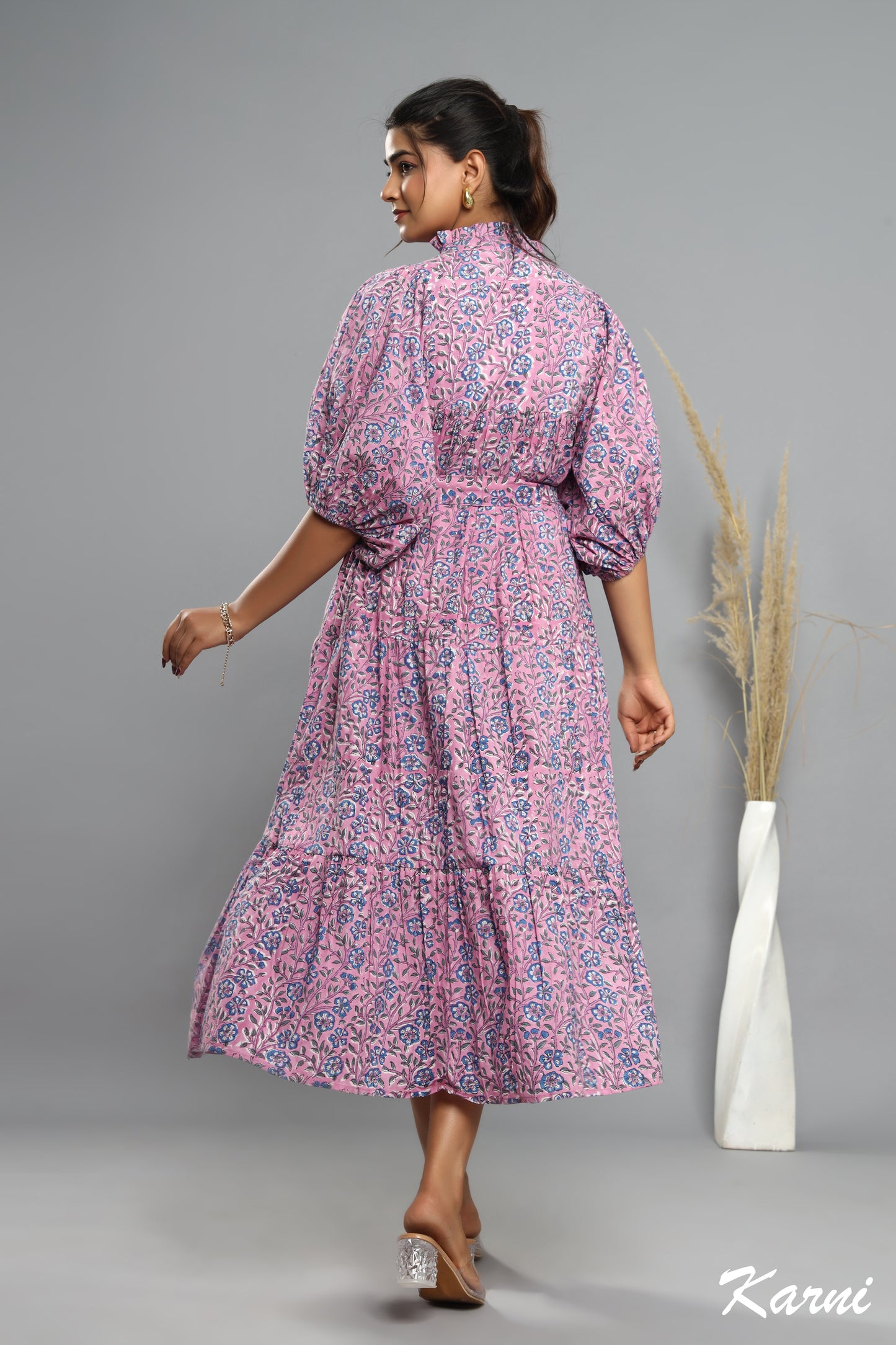 purple-blue floral plant printed women's maxi dress - frill collar with belt cotton long dress
