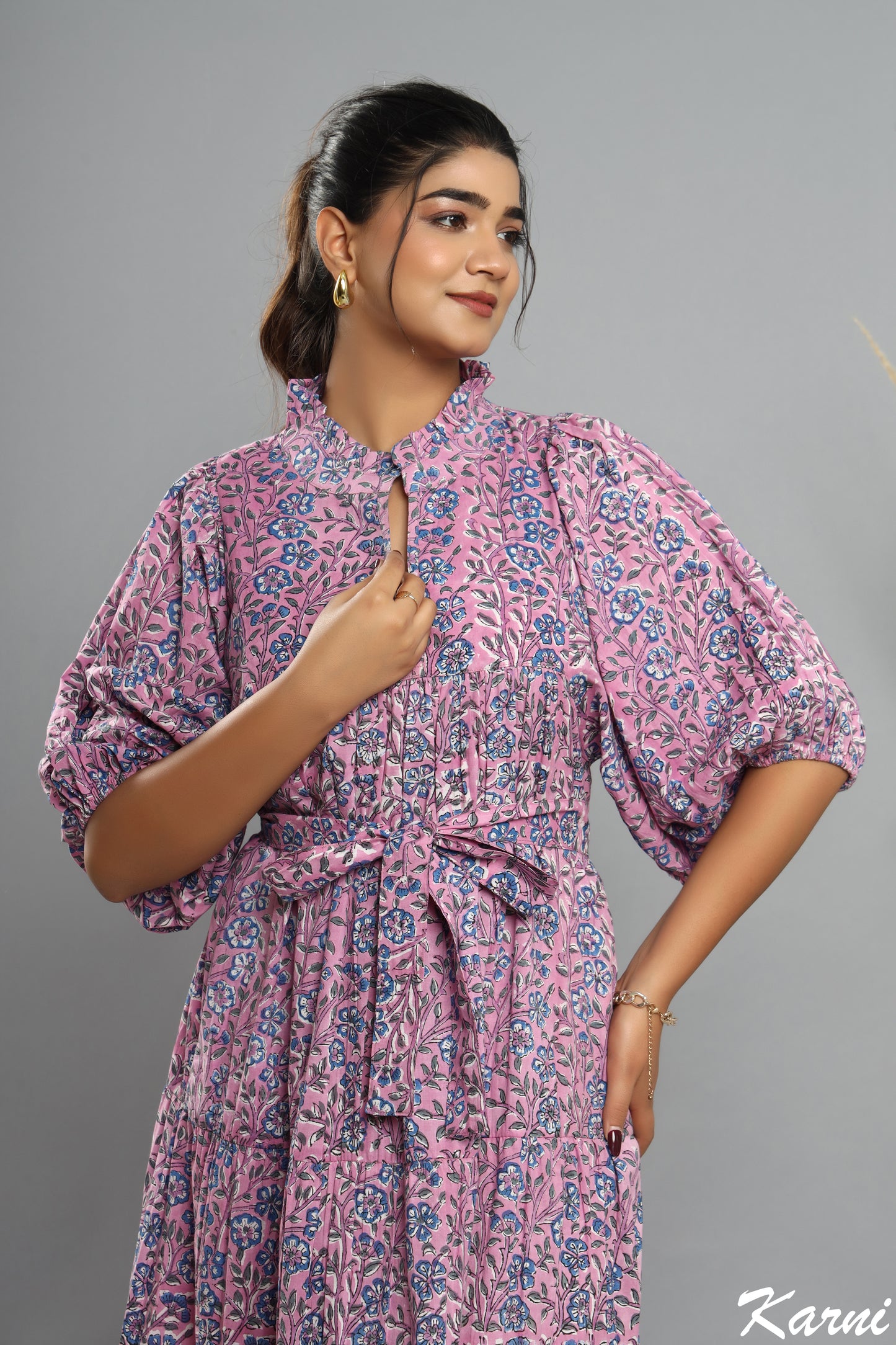 purple-blue floral plant printed women's maxi dress - frill collar with belt cotton long dress