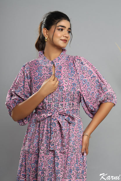 purple-blue floral plant printed women's maxi dress - frill collar with belt cotton long dress