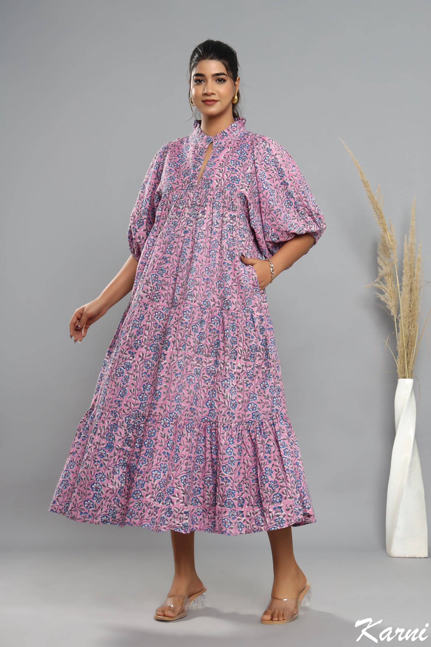 purple-blue floral plant printed women's maxi dress - frill collar with belt cotton long dress
