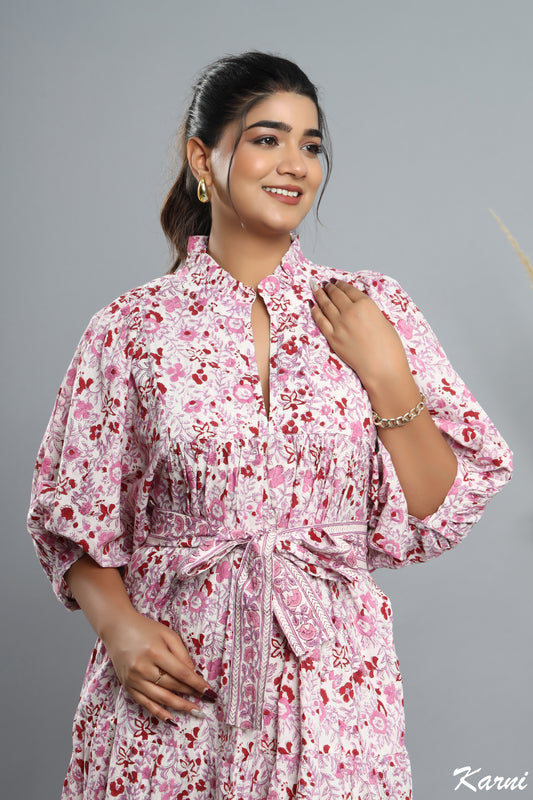 cotton pink floral hand block printed women's maxi dress -frill collar with belt casual long dress