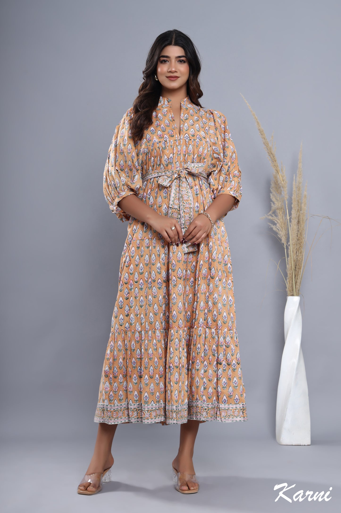 brown-pink floral hand block printed women's maxi dress - frill collar with belt cotton long dress