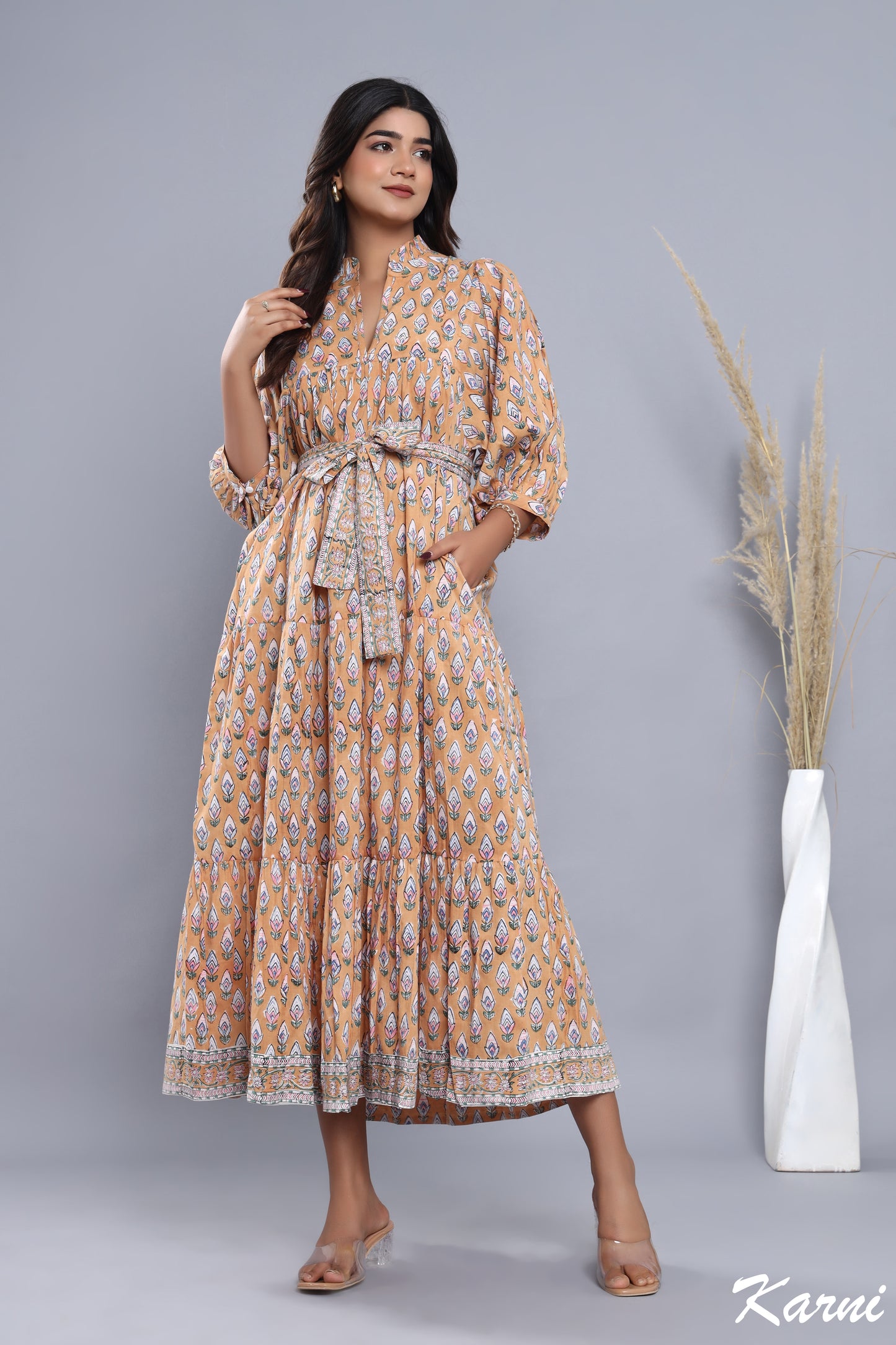 brown-pink floral hand block printed women's maxi dress - frill collar with belt cotton long dress