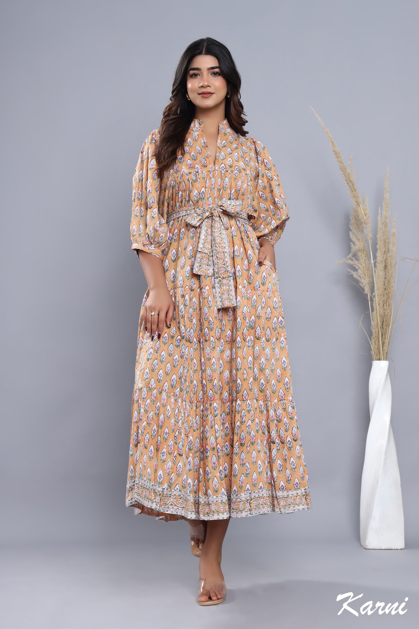 brown-pink floral hand block printed women's maxi dress - frill collar with belt cotton long dress