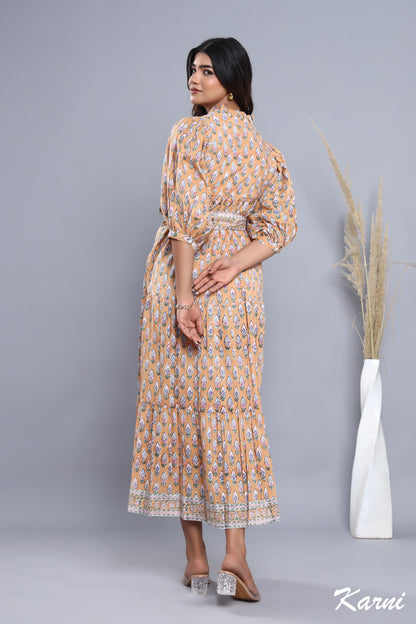 brown-pink floral hand block printed women's maxi dress - frill collar with belt cotton long dress