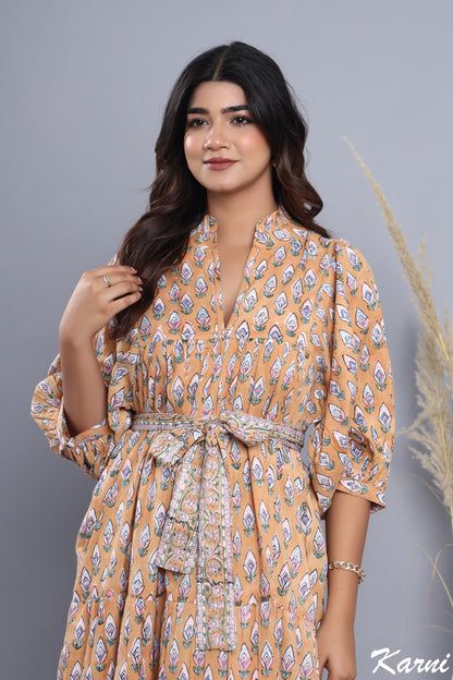 brown-pink floral hand block printed women's maxi dress - frill collar with belt cotton long dress