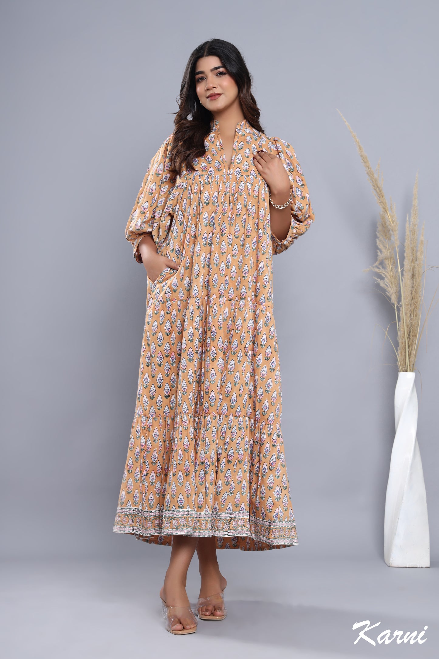 brown-pink floral hand block printed women's maxi dress - frill collar with belt cotton long dress