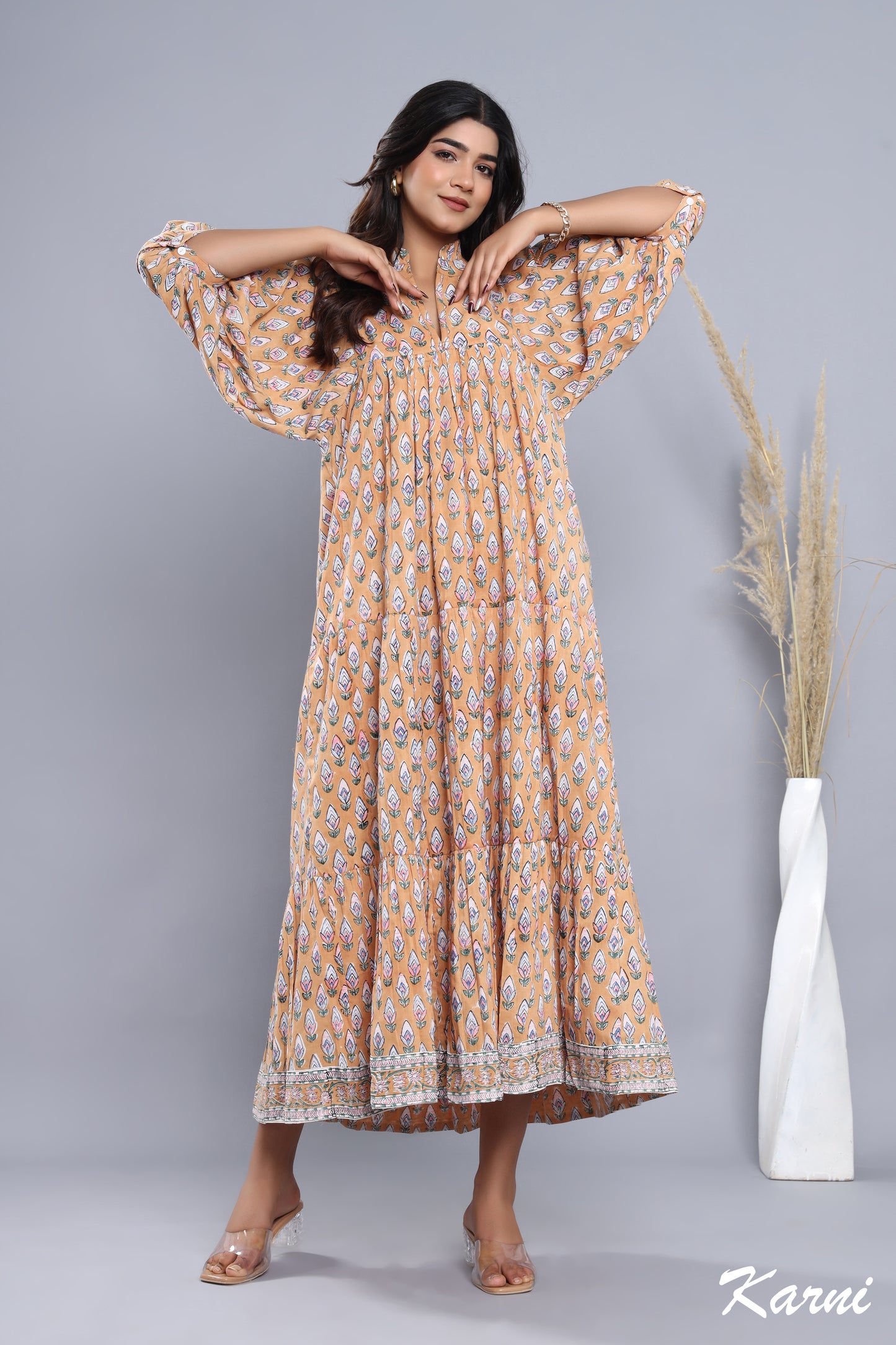 brown-pink floral hand block printed women's maxi dress - frill collar with belt cotton long dress