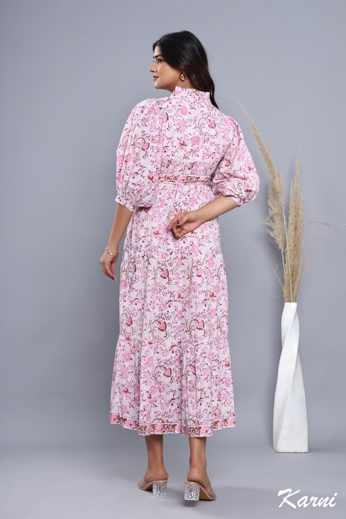 summer pink floral hand block printed women's maxi dress - frill collar with belt cotton long dress