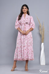 summer pink floral hand block printed women's maxi dress - frill collar with belt cotton long dress