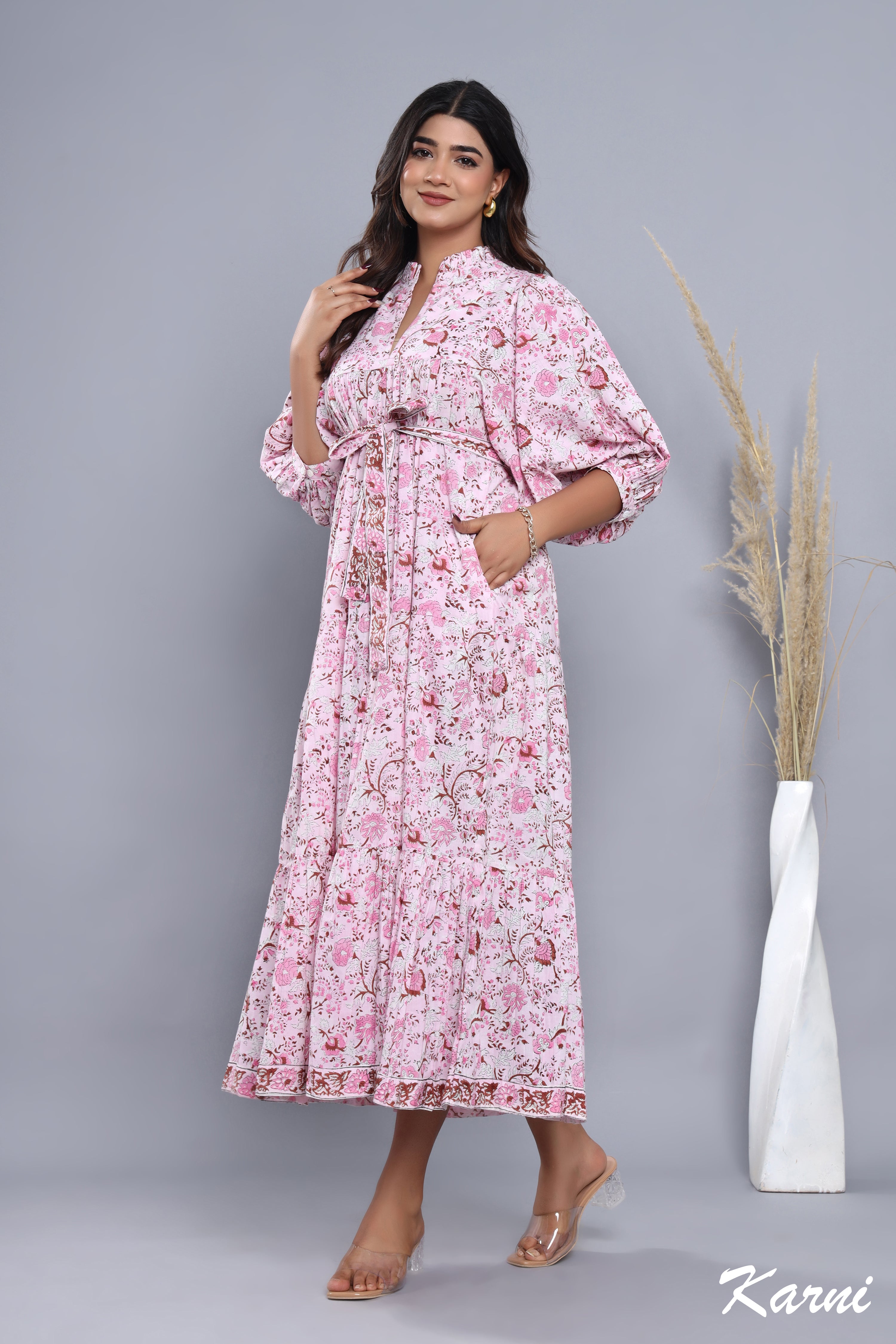 summer pink floral hand block printed women's maxi dress - frill collar with belt cotton long dress