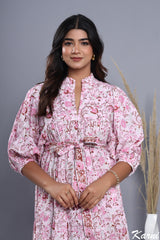 summer pink floral hand block printed women's maxi dress - frill collar with belt cotton long dress