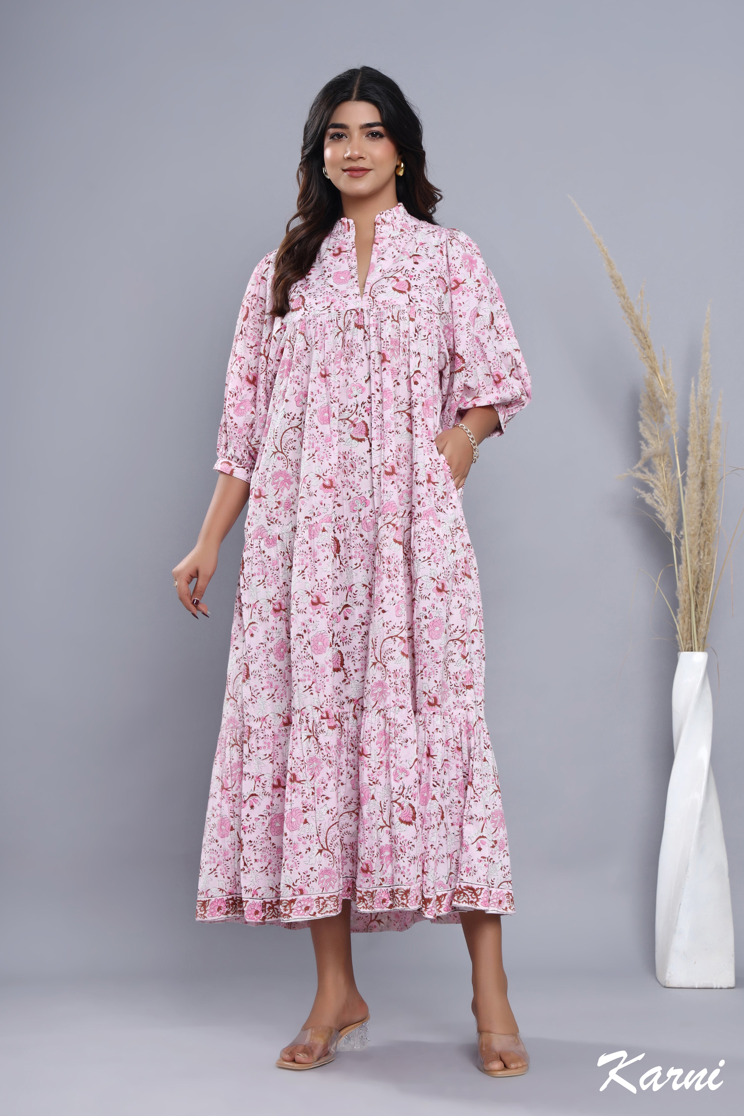 summer pink floral hand block printed women's maxi dress - frill collar with belt cotton long dress