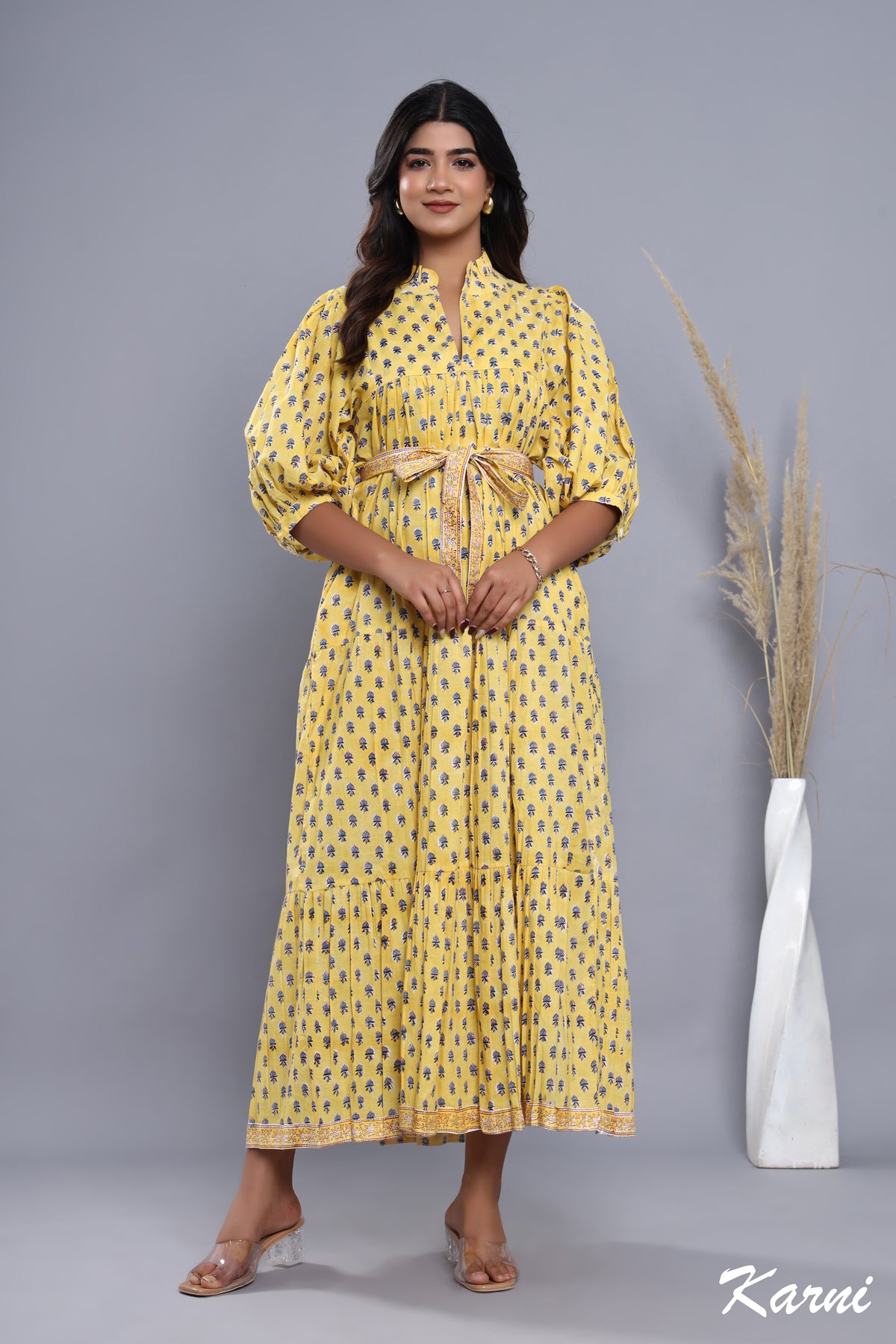 stylish yellow-blue floral pattern printed women's maxi dress - frill collar with belt cotton long dress