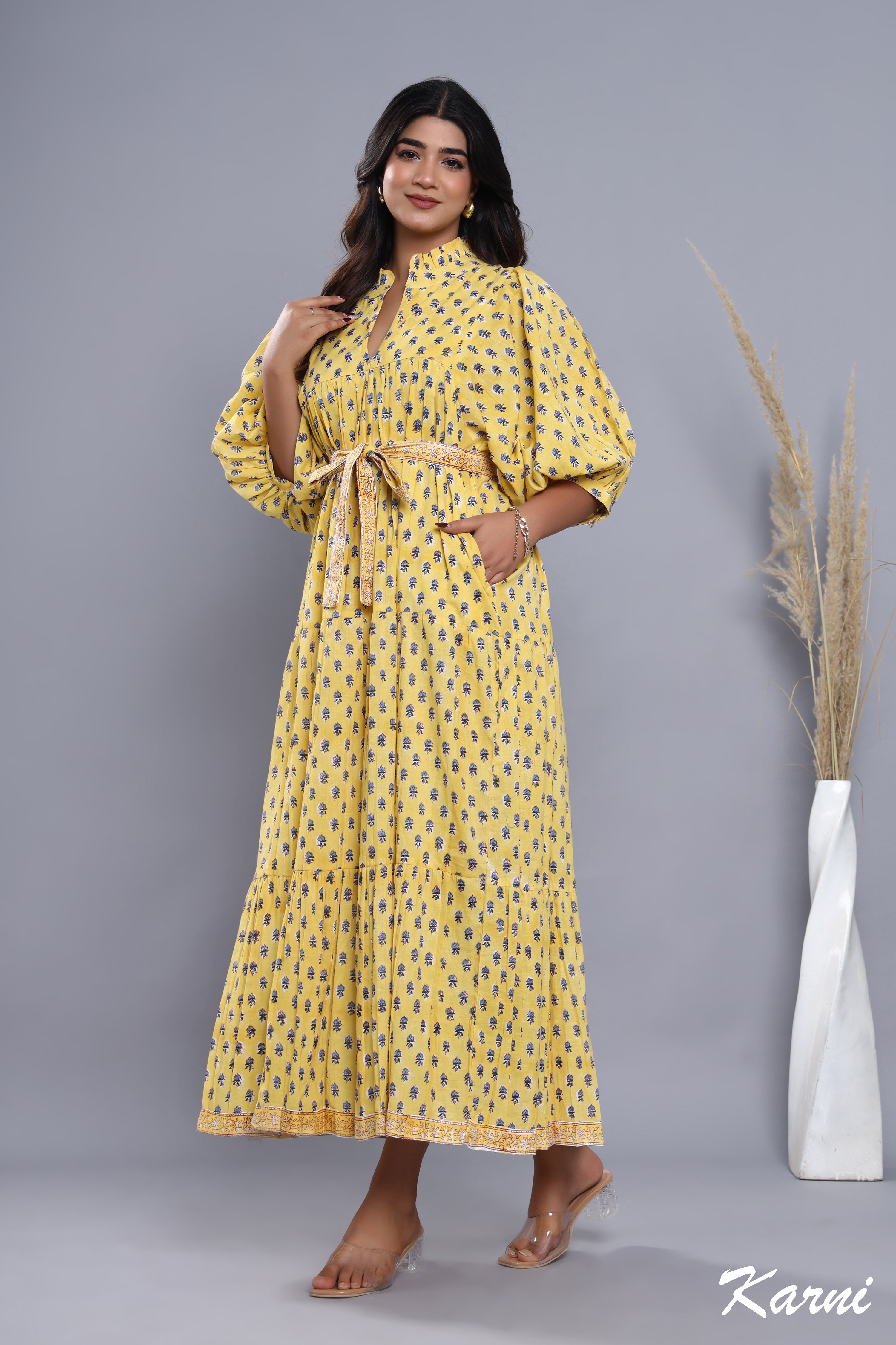 stylish yellow-blue floral pattern printed women's maxi dress - frill collar with belt cotton long dress