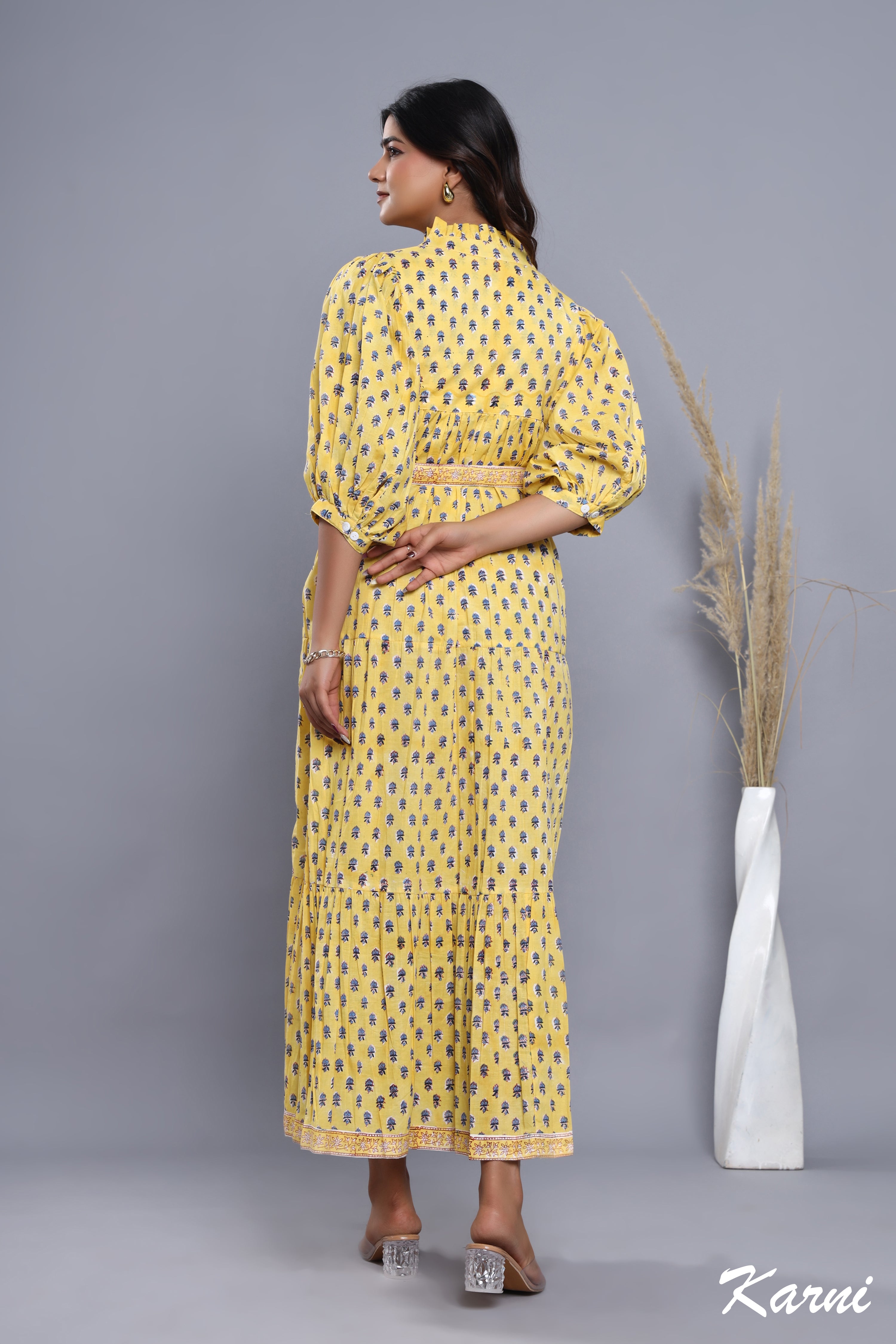 stylish yellow-blue floral pattern printed women's maxi dress - frill collar with belt cotton long dress