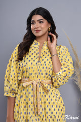 stylish yellow-blue floral pattern printed women's maxi dress - frill collar with belt cotton long dress