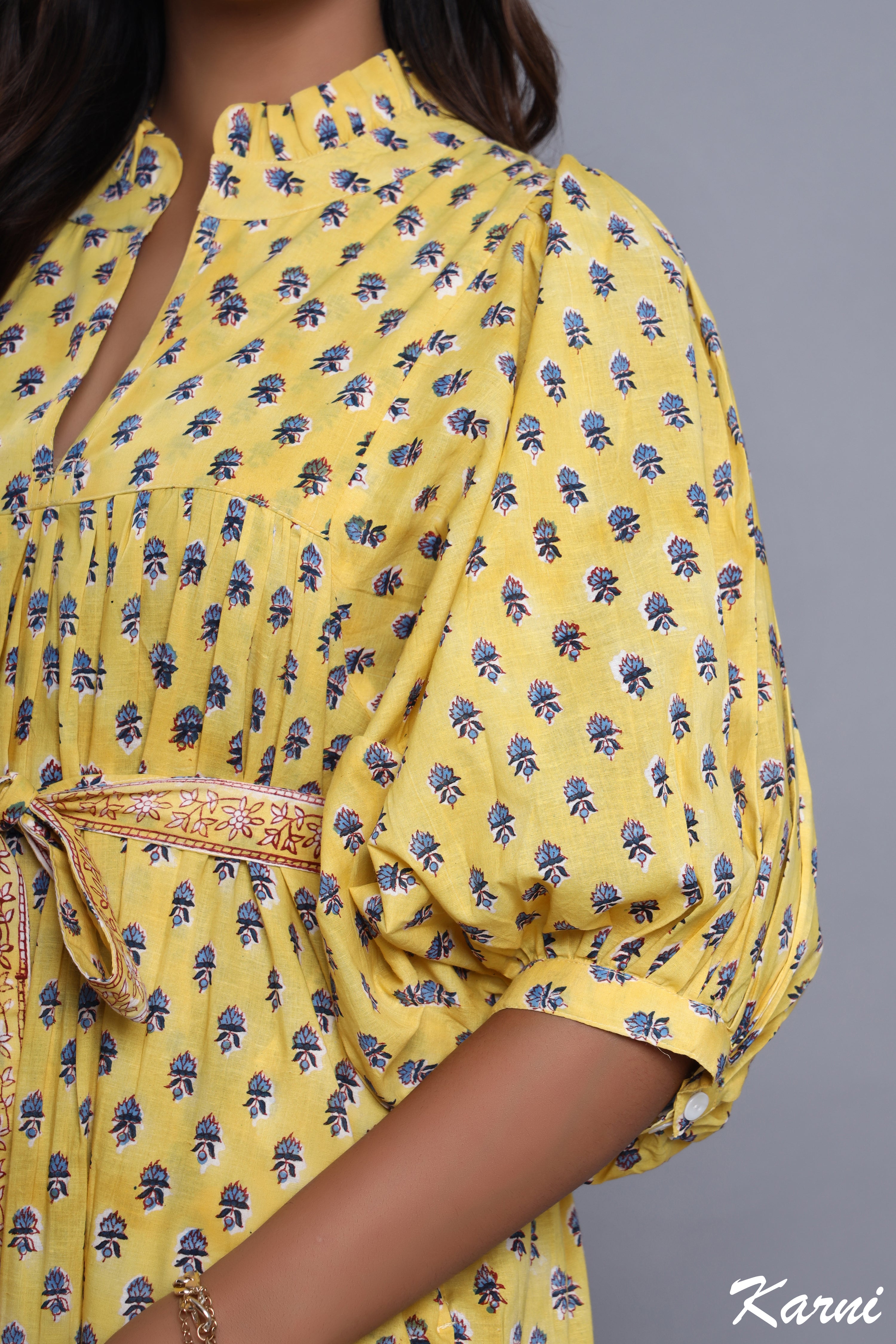 stylish yellow-blue floral pattern printed women's maxi dress - frill collar with belt cotton long dress