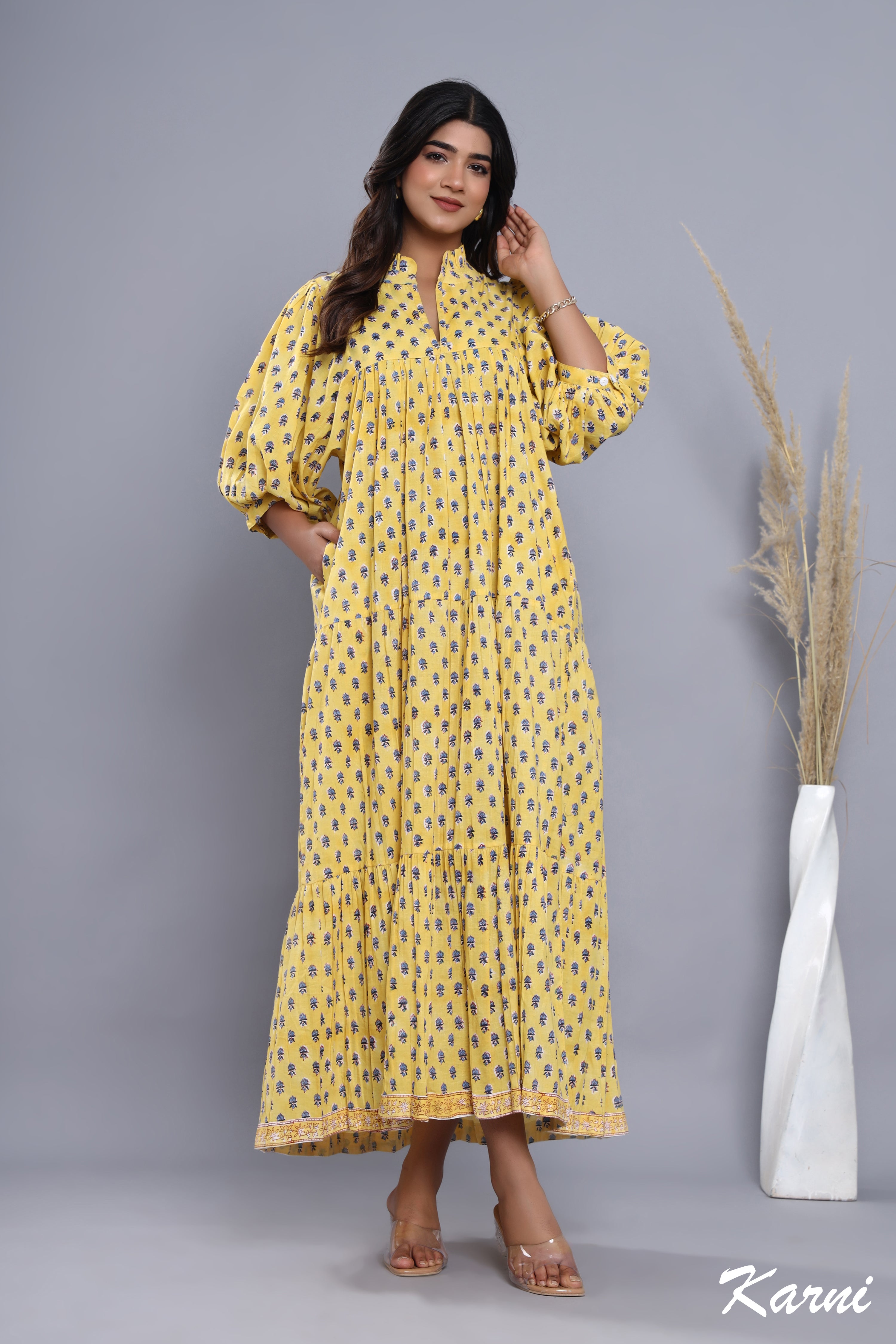 stylish yellow-blue floral pattern printed women's maxi dress - frill collar with belt cotton long dress