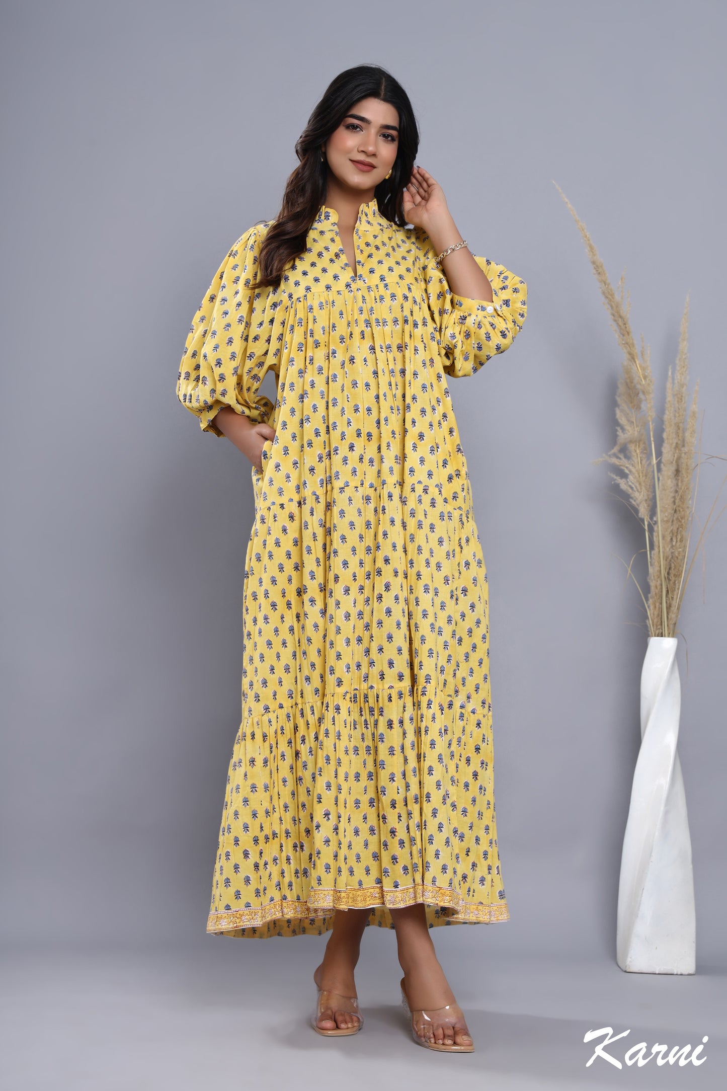 stylish yellow-blue floral pattern printed women's maxi dress - frill collar with belt cotton long dress