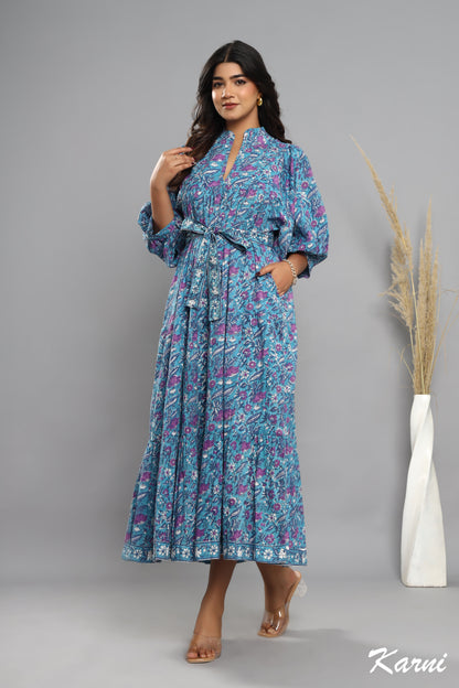indian cotton blue- pink floral block printed women's maxi dress - 3/4th sleeves with belt long dress